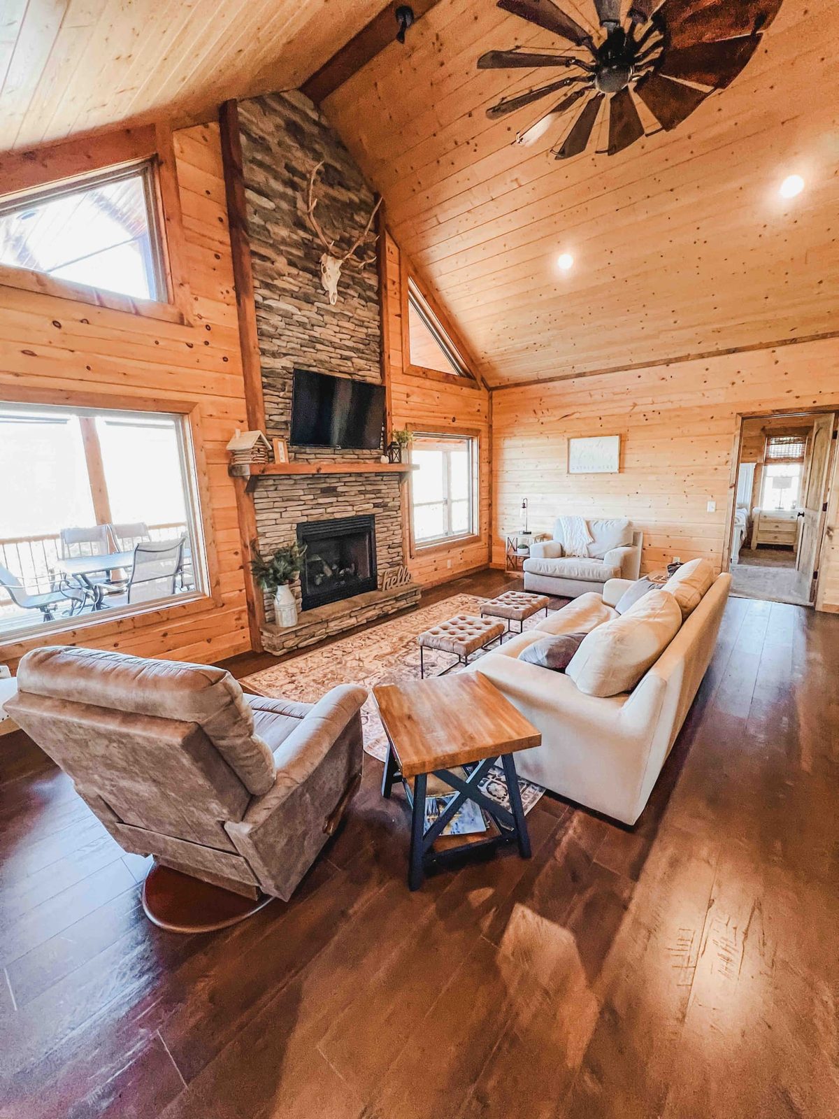 Great room with stone fireplace